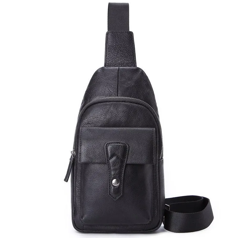 Black Mens Leather Sling Bag Chest Bag One shoulder Black Backpack Sports Bag For Men