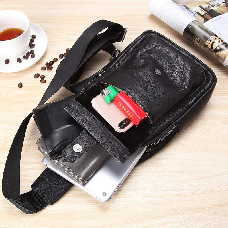 Black Mens Leather Sling Bag Chest Bag One shoulder Black Backpack Sports Bag For Men