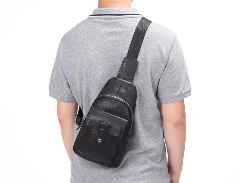Black Mens Leather Sling Bag Chest Bag One shoulder Black Backpack Sports Bag For Men