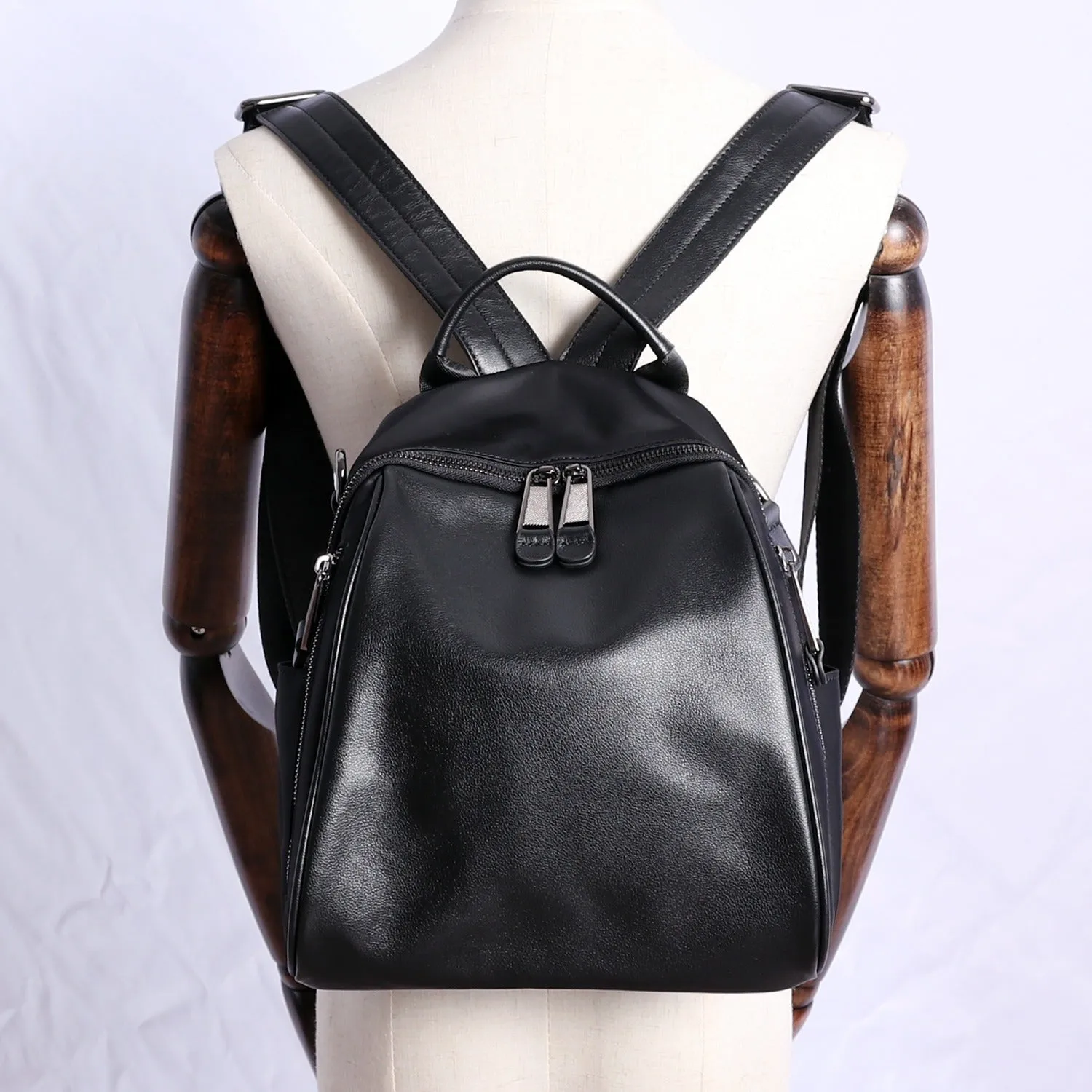 Black Nylon Backpacks Womens Cute School Backpack Purse Black Nylon Leather College Rucksack for Ladies