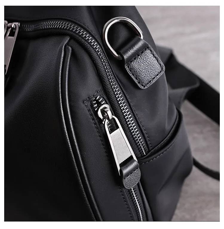 Black Nylon Backpacks Womens Cute School Backpack Purse Black Nylon Leather College Rucksack for Ladies