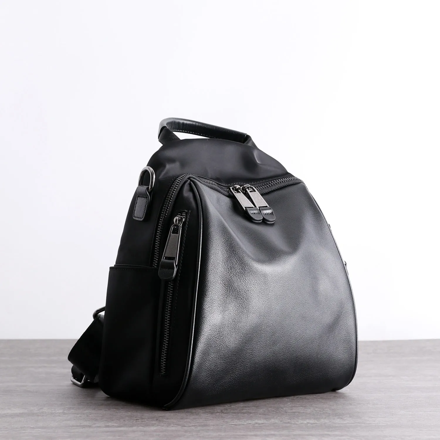 Black Nylon Backpacks Womens Cute School Backpack Purse Black Nylon Leather College Rucksack for Ladies
