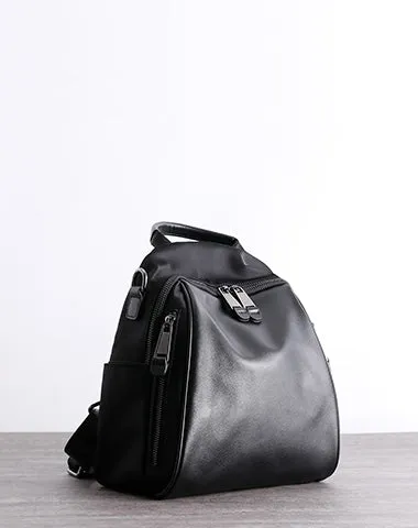 Black Nylon Backpacks Womens Cute School Backpack Purse Black Nylon Leather College Rucksack for Ladies