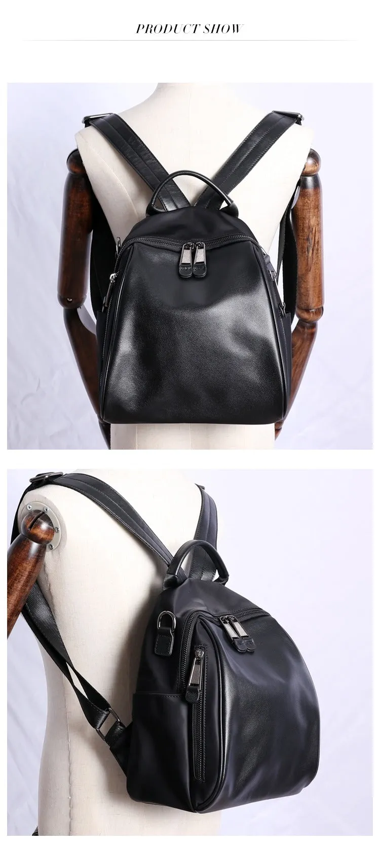 Black Nylon Backpacks Womens Cute School Backpack Purse Black Nylon Leather College Rucksack for Ladies