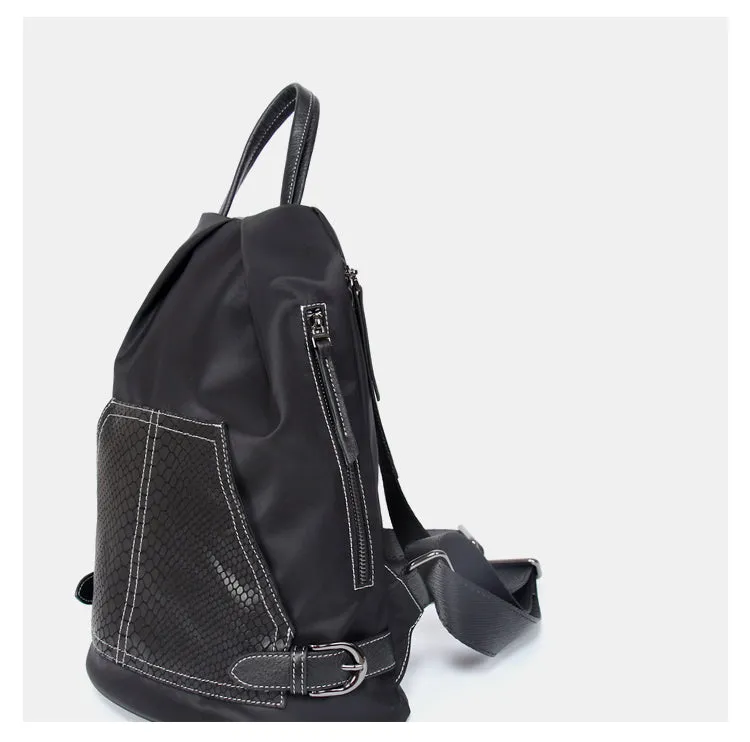 Black Nylon Satchel Backpack Womens Snake Pattern Leather School Backpacks Purse Nylon Leather Travel Rucksack for Ladies