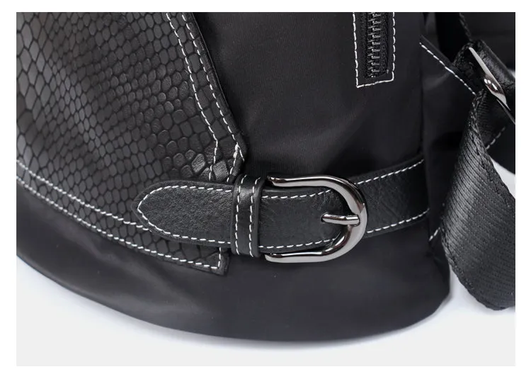 Black Nylon Satchel Backpack Womens Snake Pattern Leather School Backpacks Purse Nylon Leather Travel Rucksack for Ladies