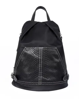 Black Nylon Satchel Backpack Womens Snake Pattern Leather School Backpacks Purse Nylon Leather Travel Rucksack for Ladies