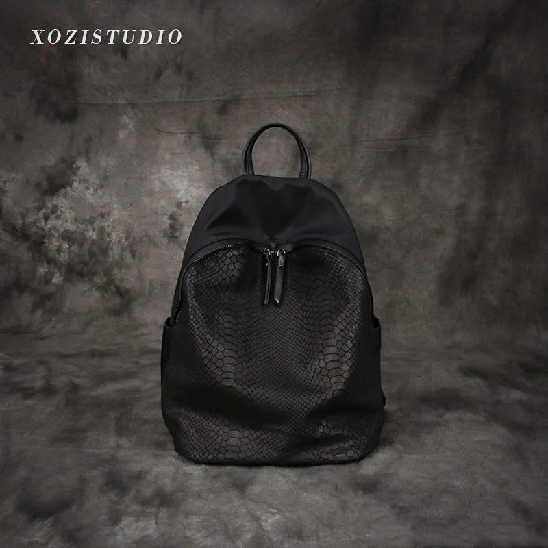 Black Nylon Satchel Backpack Womens Snake Pattern Leather School Backpacks Purse Nylon Leather Travel Rucksack for Ladies
