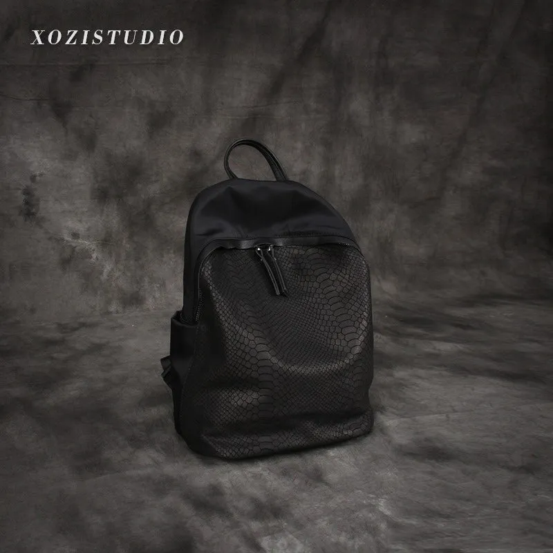 Black Nylon Satchel Backpack Womens Snake Pattern Leather School Backpacks Purse Nylon Leather Travel Rucksack for Ladies
