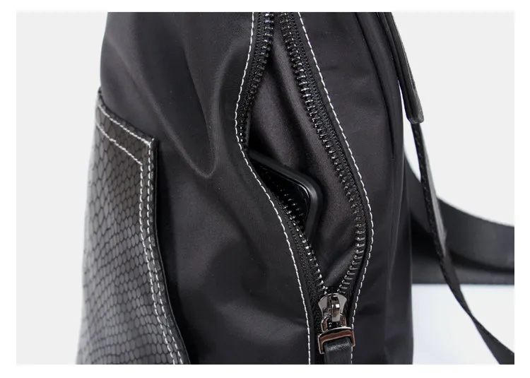Black Nylon Satchel Backpack Womens Snake Pattern Leather School Backpacks Purse Nylon Leather Travel Rucksack for Ladies