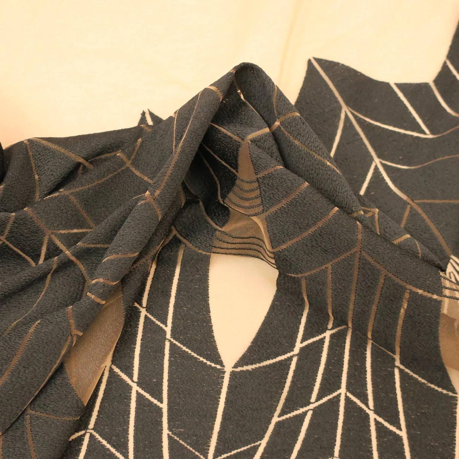 Black Tulle with Black Geometric Pattern Embroidered Fabric