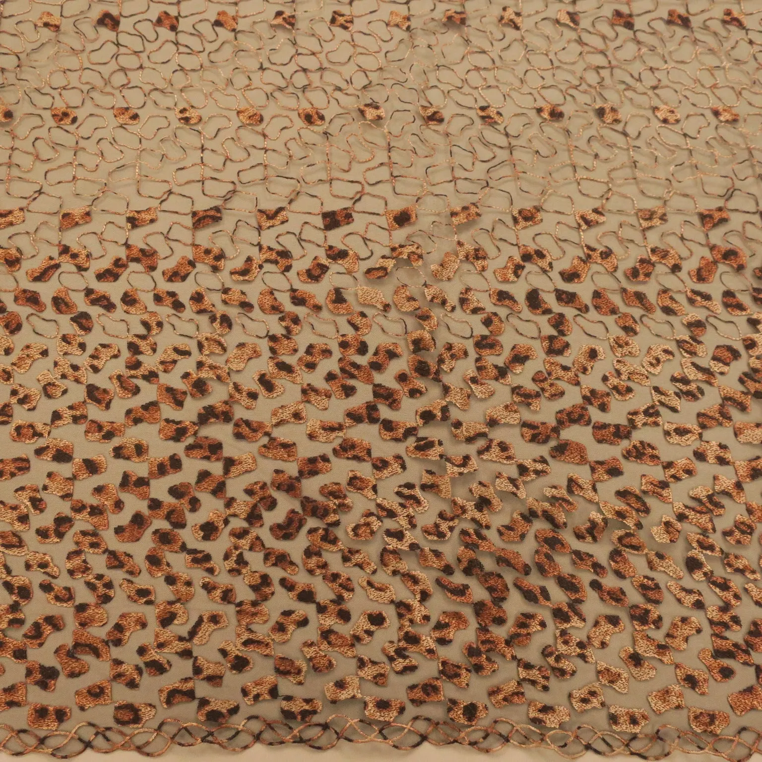 Black Tulle with Brown Abstract Animal Print Embroidery Fabric