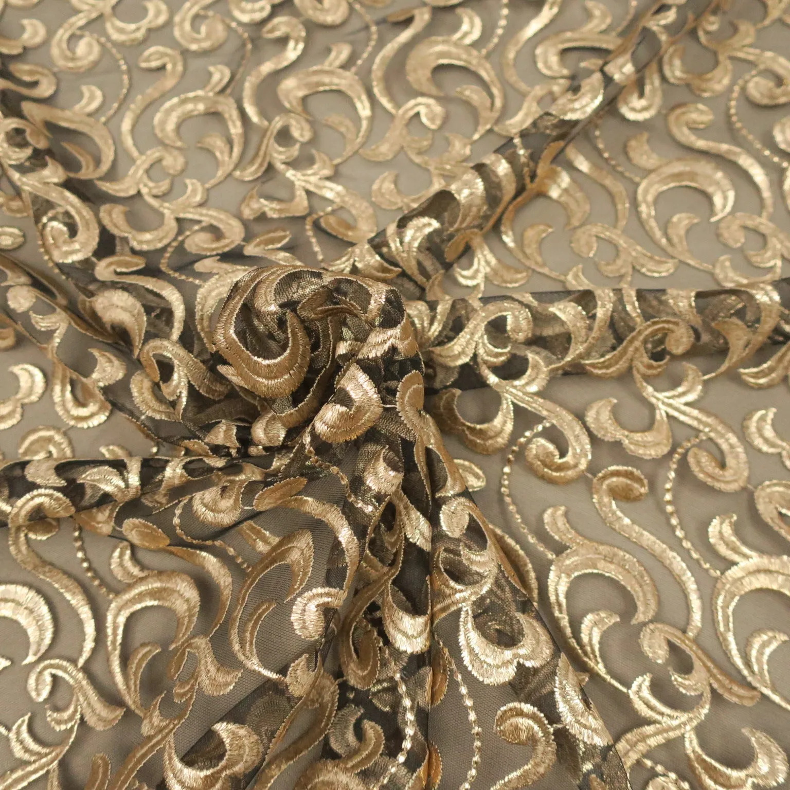 Black Tulle with Gold Arabesques Embroidered Fabric