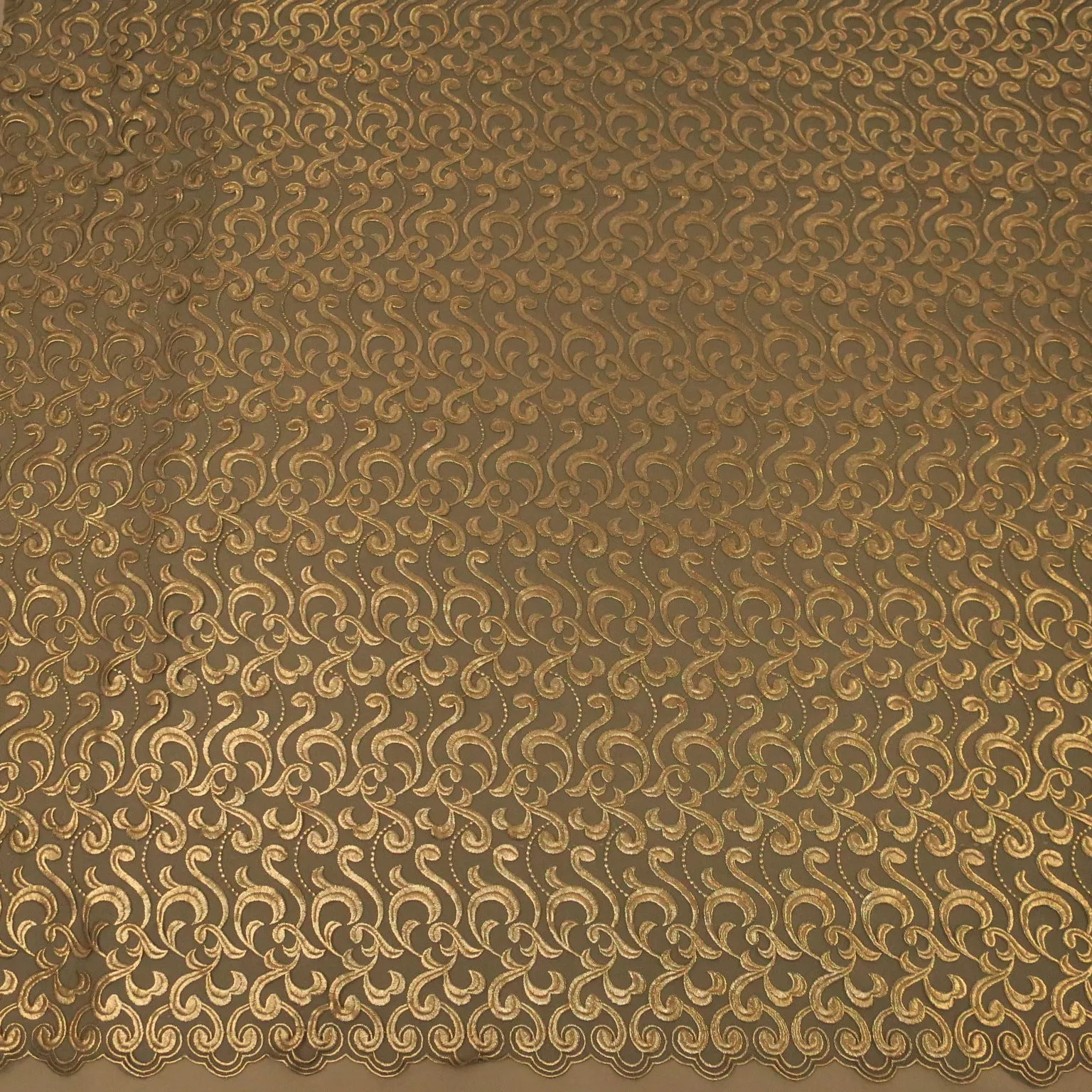 Black Tulle with Gold Arabesques Embroidered Fabric