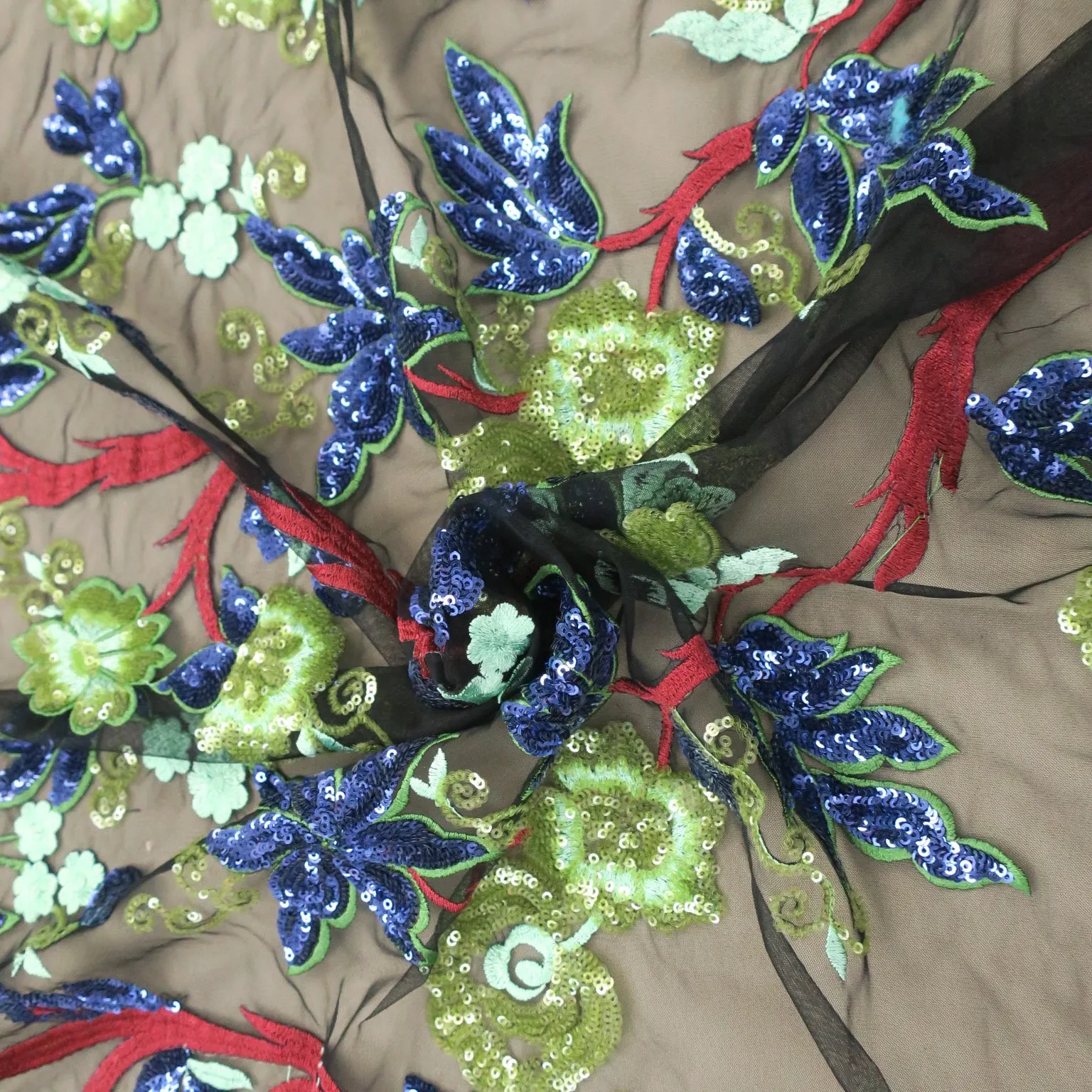 Black Tulle with Multicolored Floral Embroidered Fabric