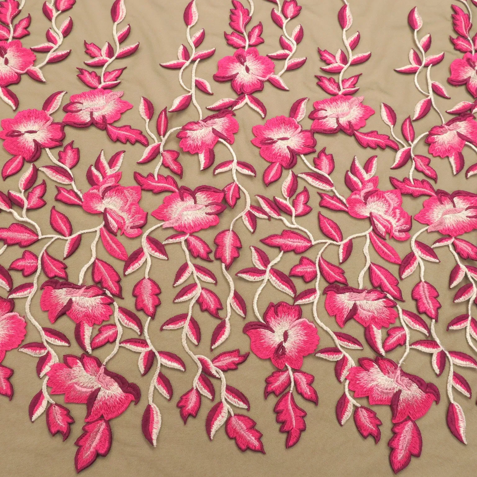 Black with Fuchsia Floral Embroidered Tulle Fabric