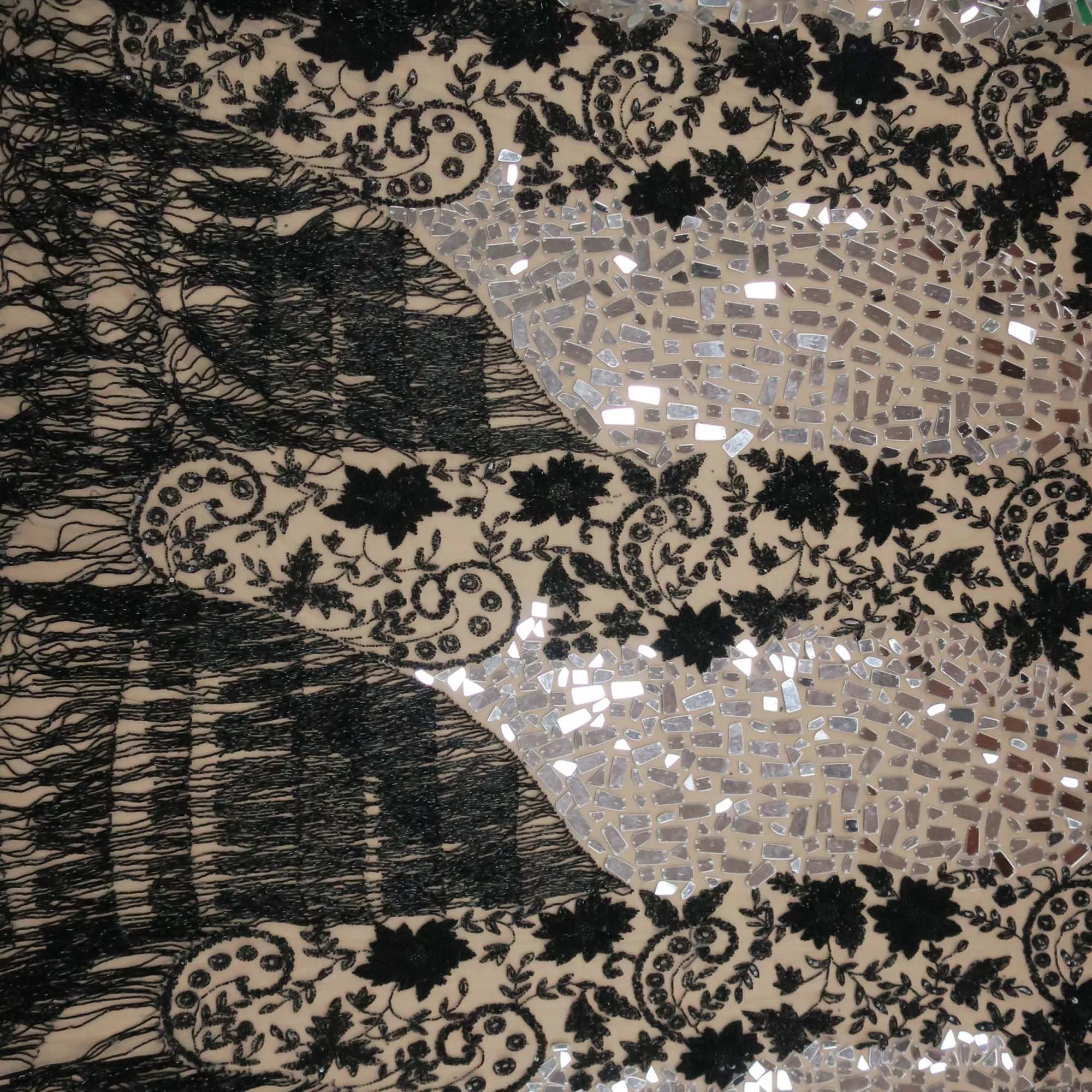 Black with Mirrors Bugle Beads Fringes Floral Embroidered Tulle Fabric