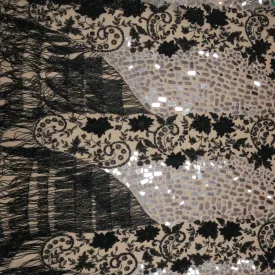 Black with Mirrors Bugle Beads Fringes Floral Embroidered Tulle Fabric