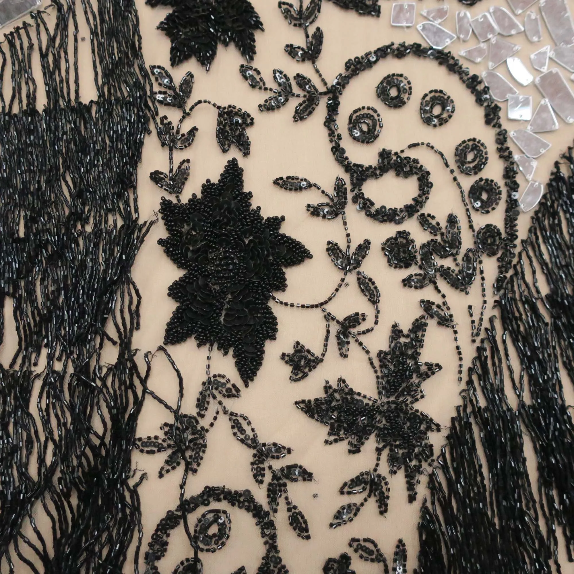 Black with Mirrors Bugle Beads Fringes Floral Embroidered Tulle Fabric