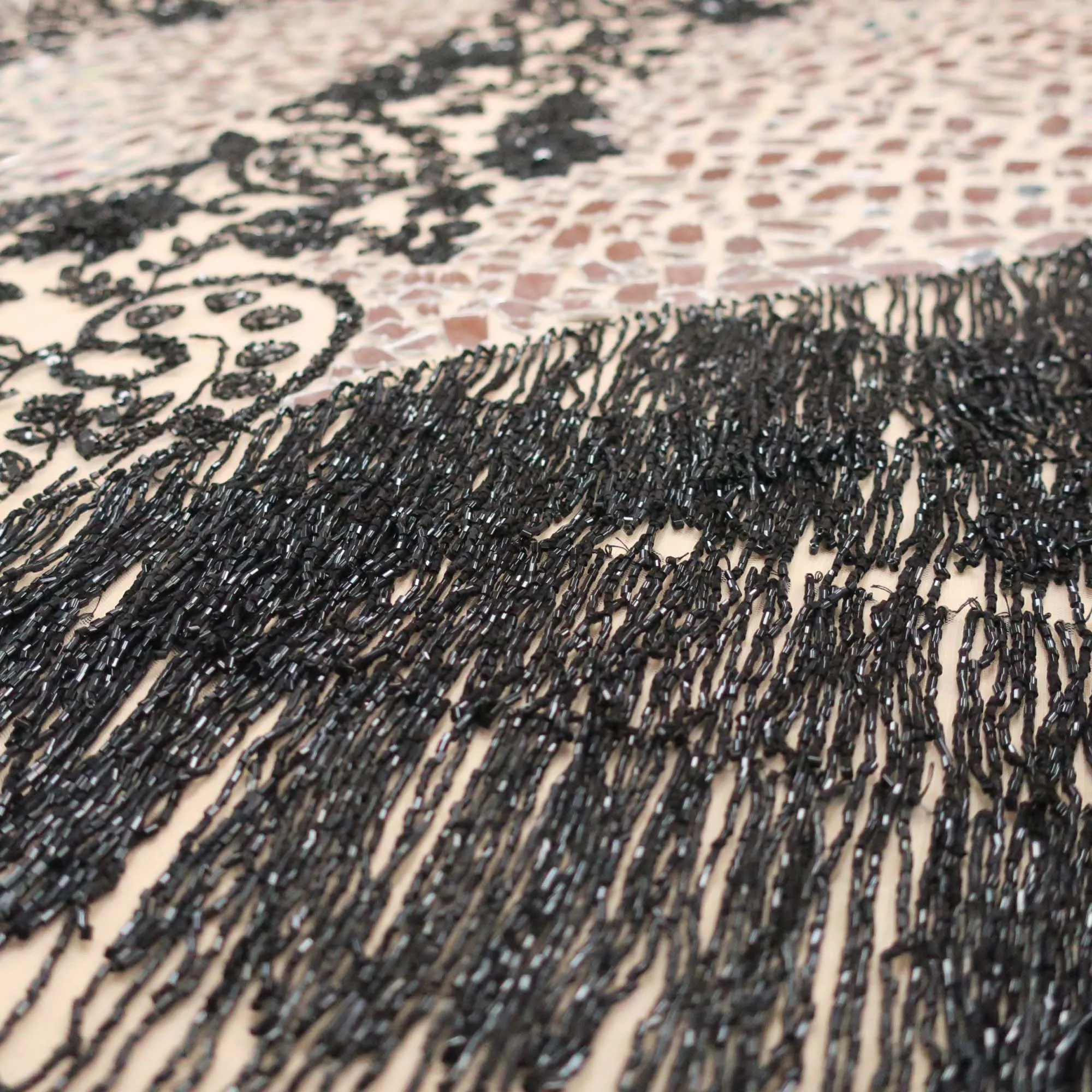Black with Mirrors Bugle Beads Fringes Floral Embroidered Tulle Fabric
