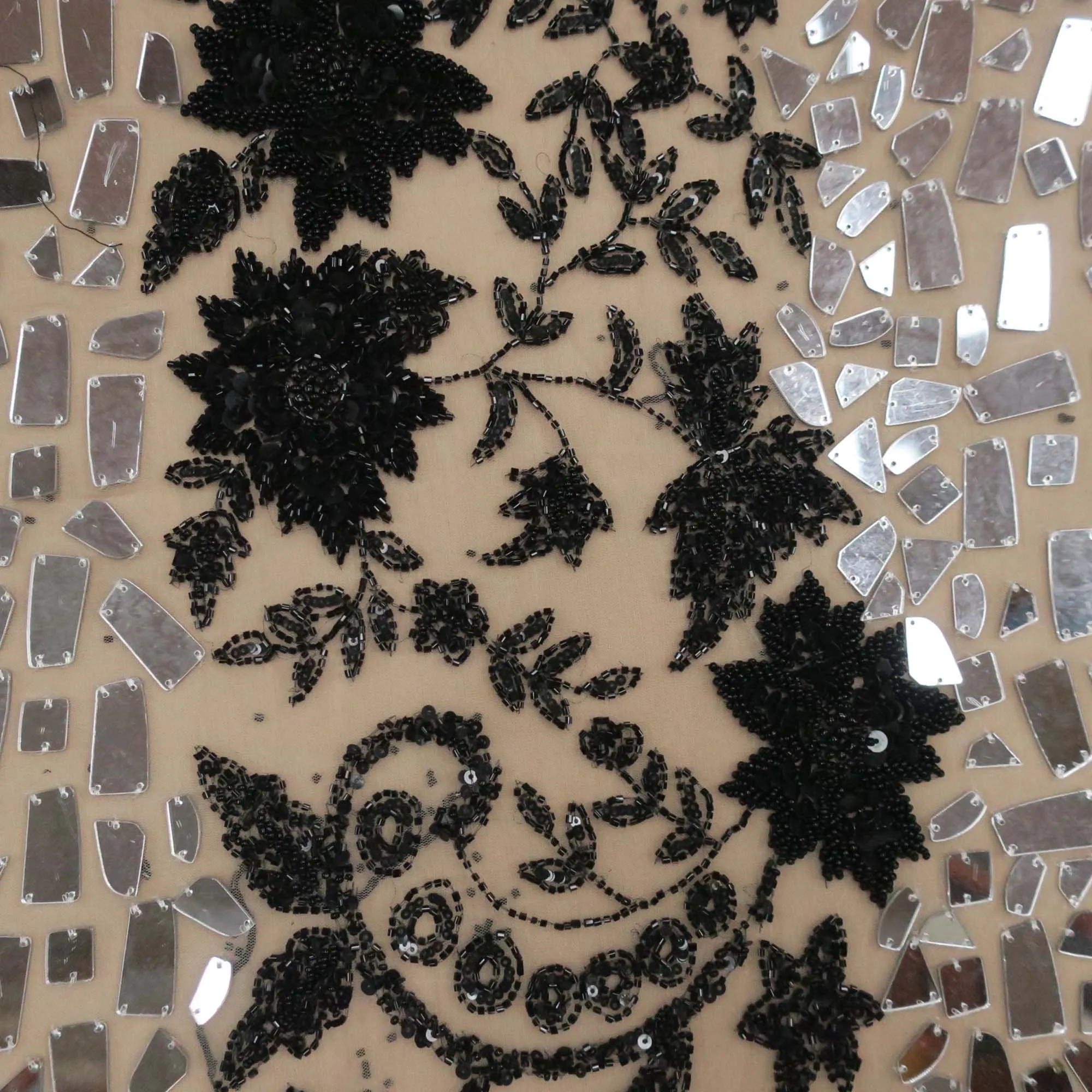 Black with Mirrors Bugle Beads Fringes Floral Embroidered Tulle Fabric