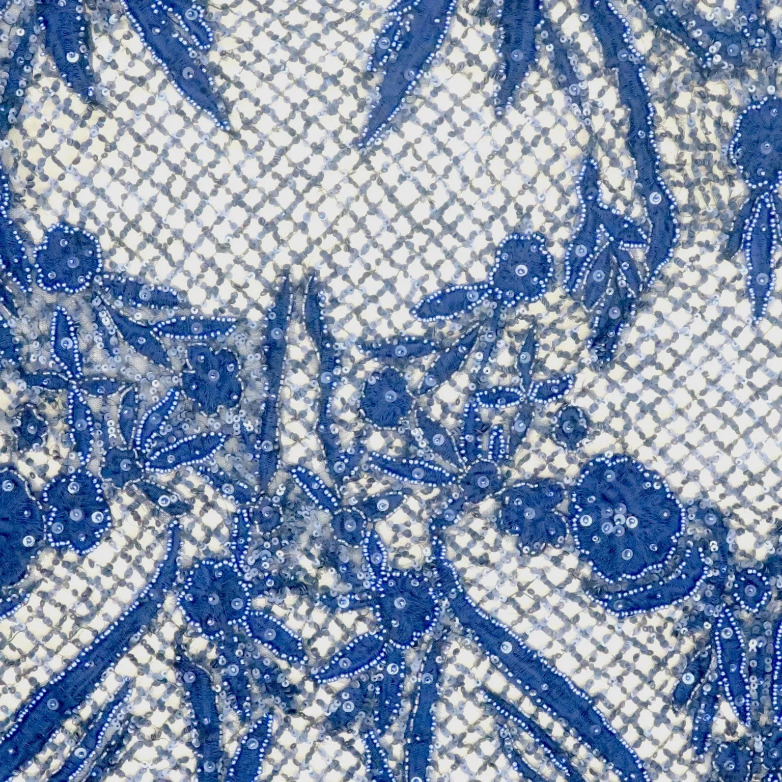 Blue and Black Net Tulle with Blue Sequin Bugle Beads and Pearls Design Embroidered Fabric