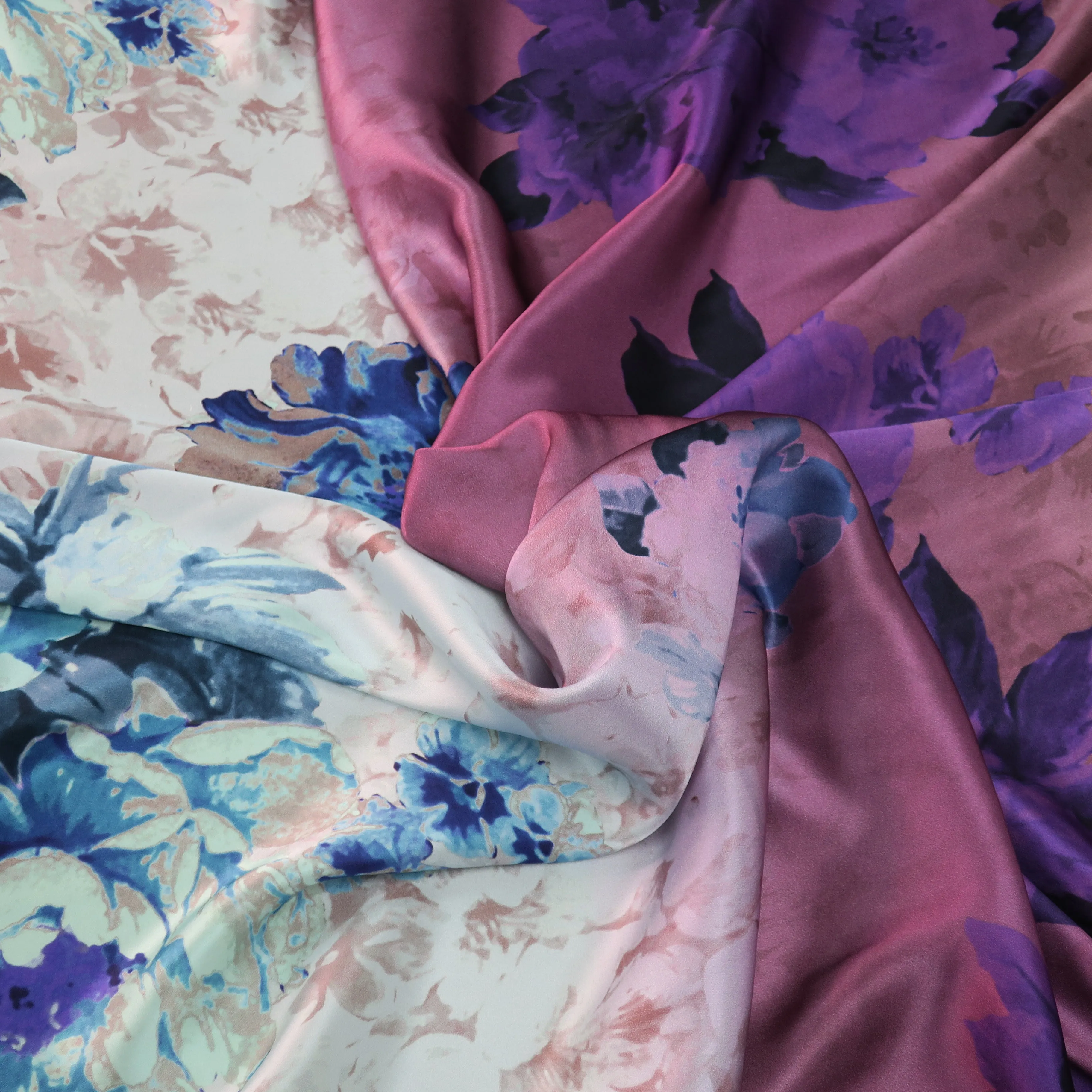 Blue and Blue Floral on Ombre Ground Silk Charmeuse