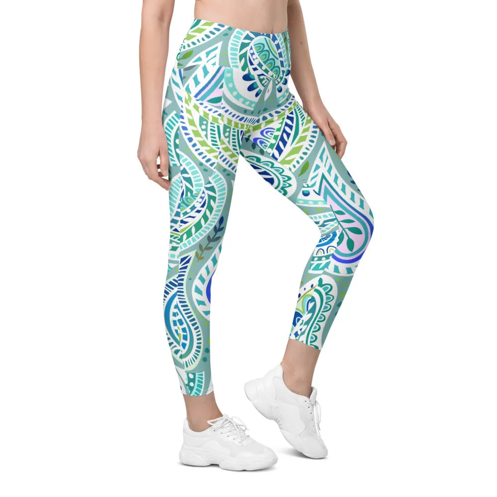 Blue and Green Paisley Leggings with Pockets