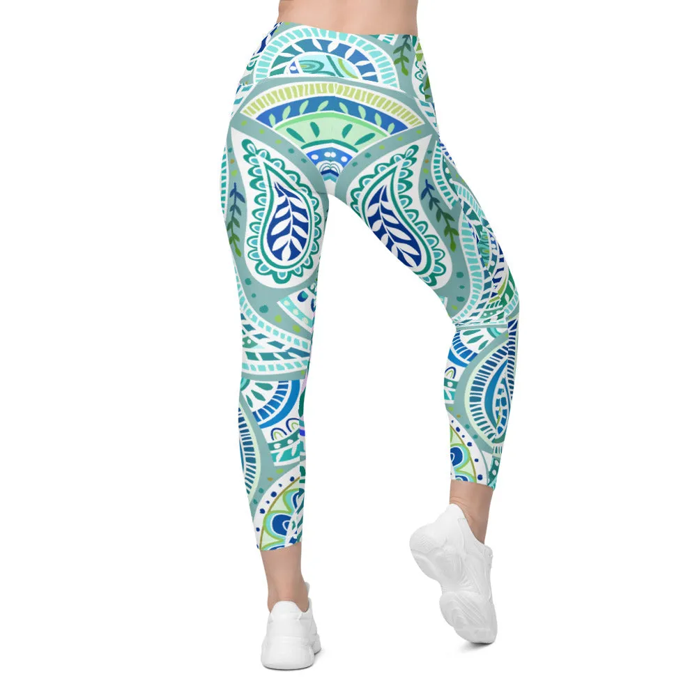 Blue and Green Paisley Leggings with Pockets