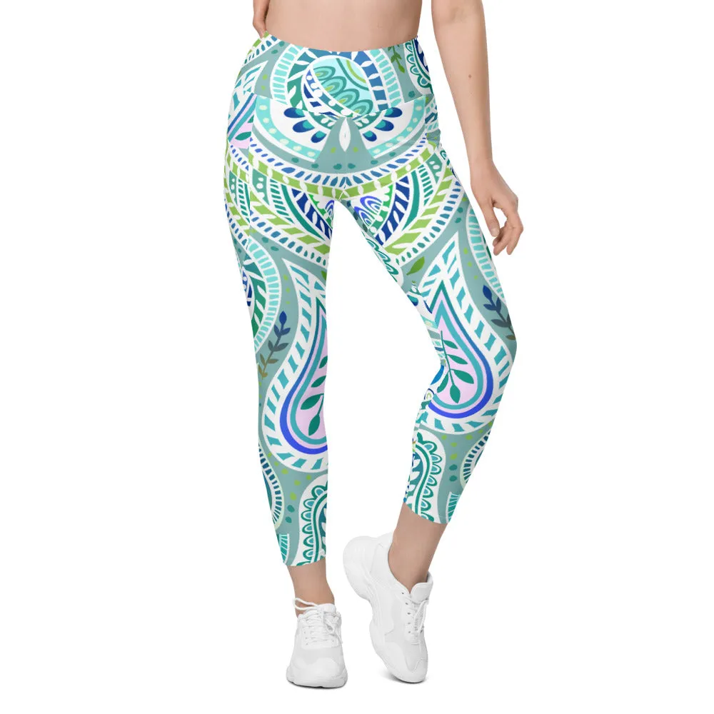 Blue and Green Paisley Leggings with Pockets