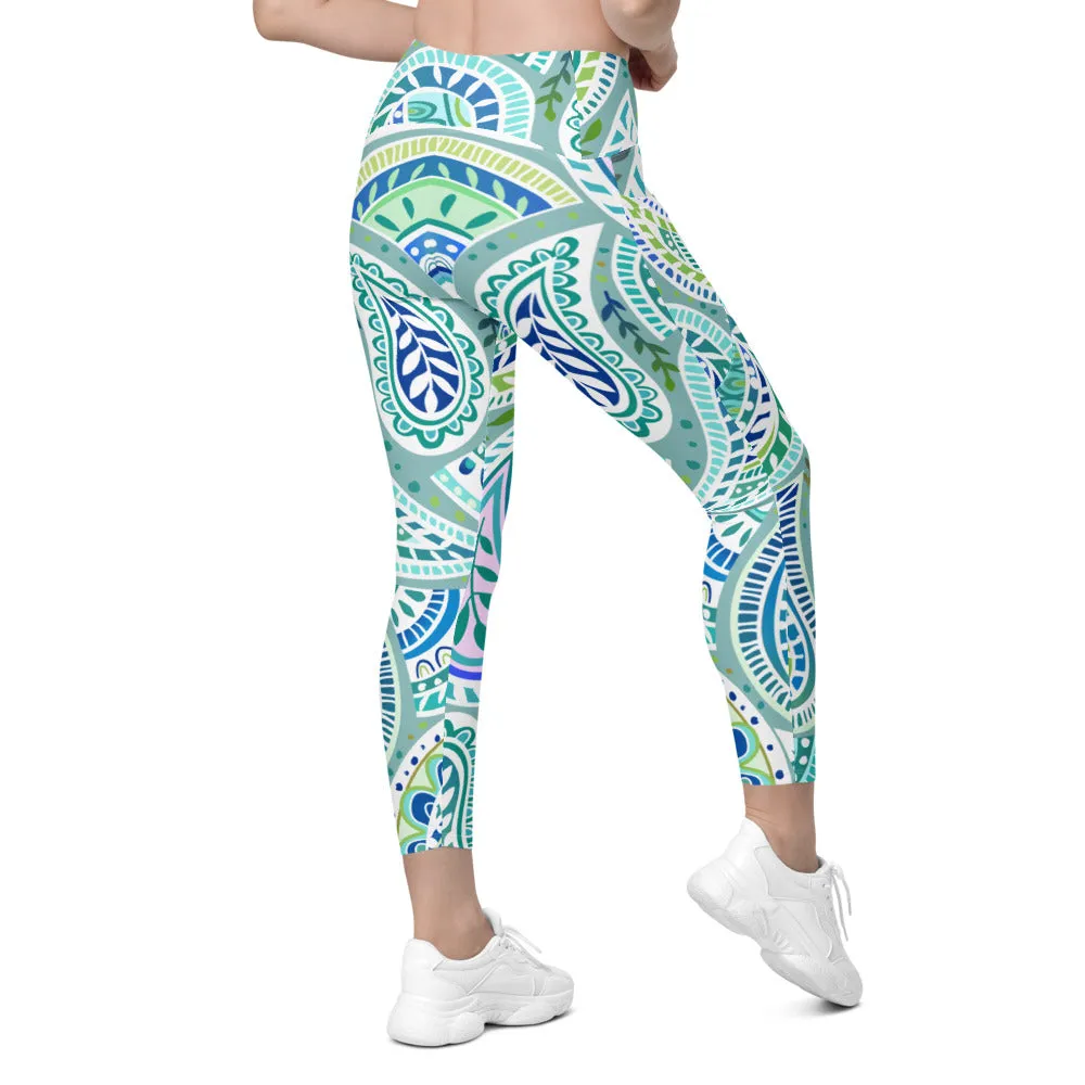 Blue and Green Paisley Leggings with Pockets
