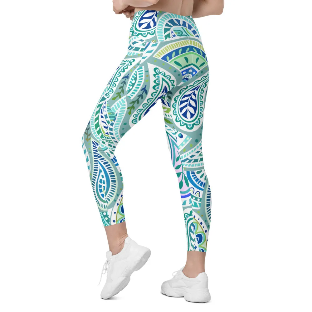 Blue and Green Paisley Leggings with Pockets