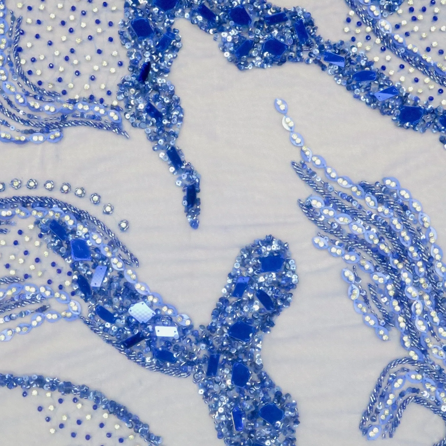 Blue Bugle Beads Mirrors and Rhinestones Abstract Design Embroidered Fabric