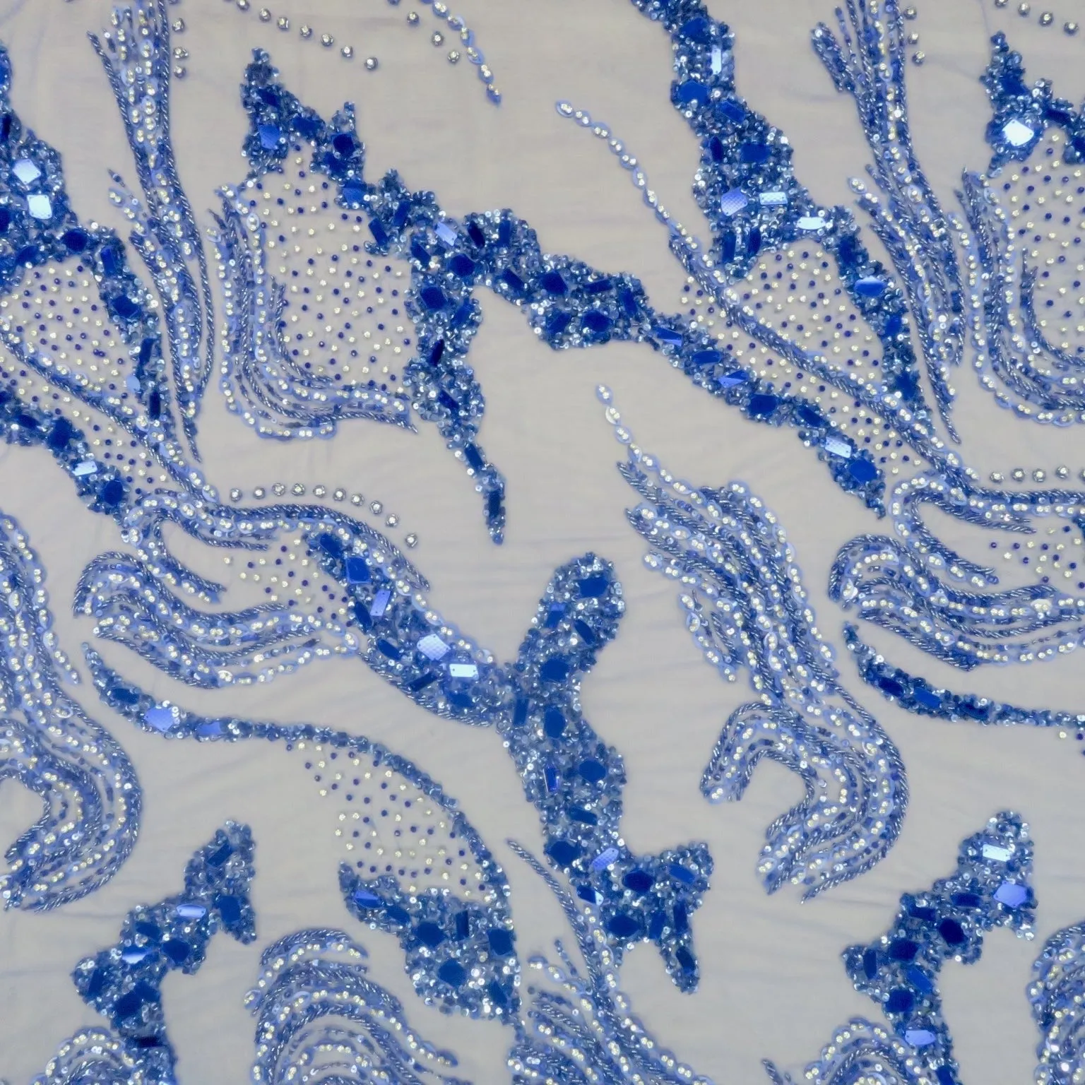 Blue Bugle Beads Mirrors and Rhinestones Abstract Design Embroidered Fabric