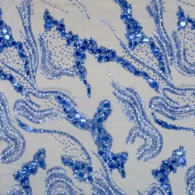 Blue Bugle Beads Mirrors and Rhinestones Abstract Design Embroidered Fabric