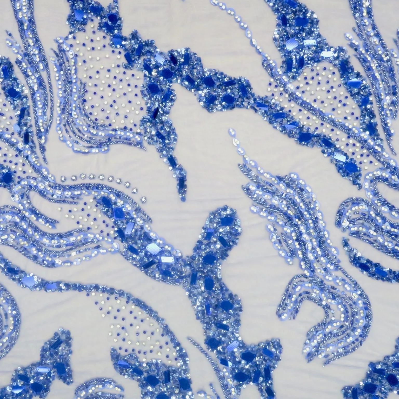 Blue Bugle Beads Mirrors and Rhinestones Abstract Design Embroidered Fabric