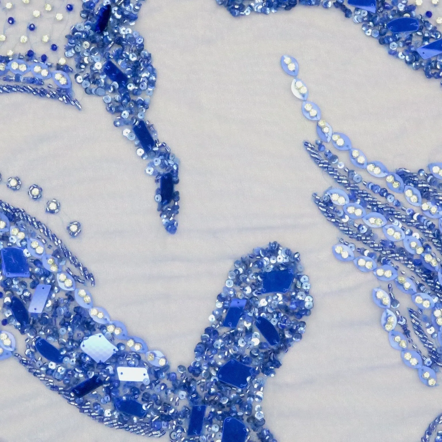 Blue Bugle Beads Mirrors and Rhinestones Abstract Design Embroidered Fabric