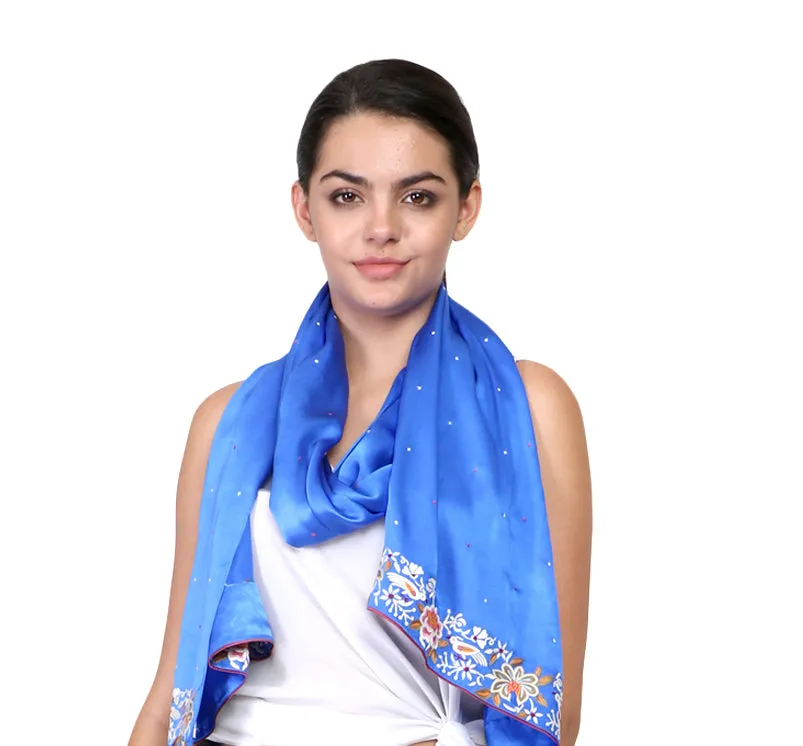 Blue Dancing Bird Parsi Border Stole