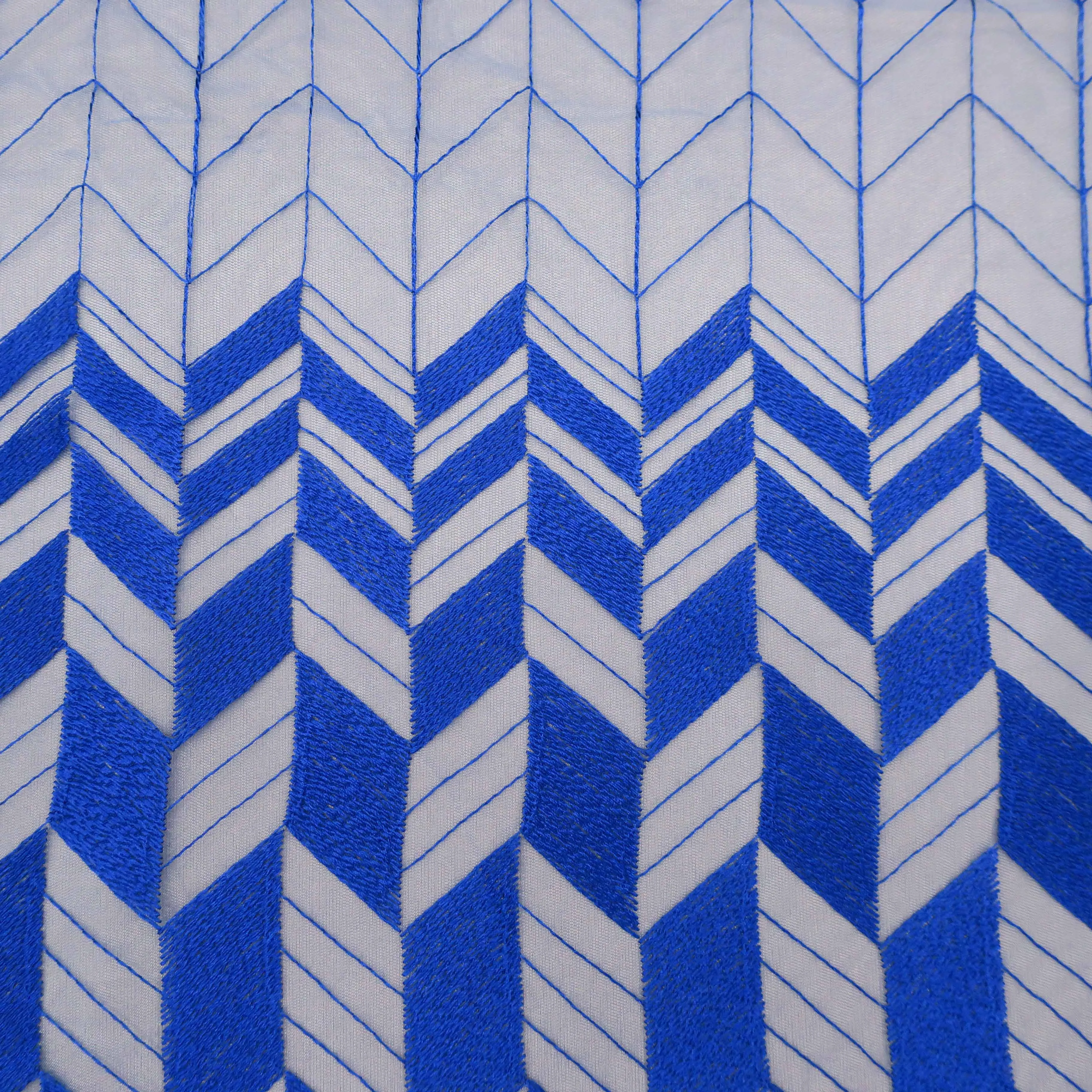 Blue Geometrical Embroidered Tulle Fabric