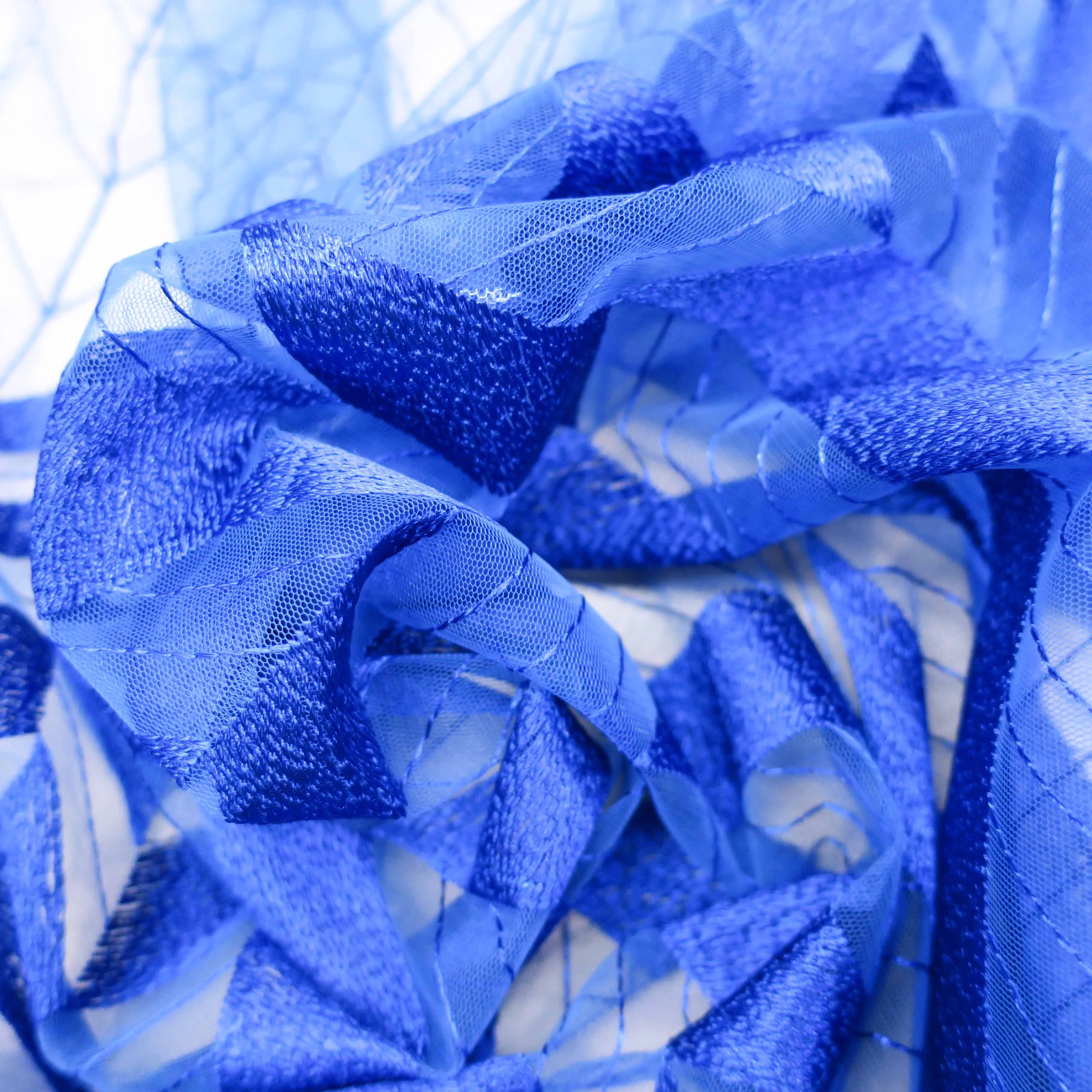 Blue Geometrical Embroidered Tulle Fabric