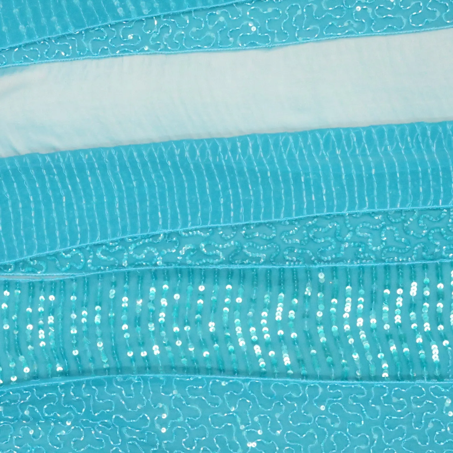 Blue Tulle with Blue Sequin and Bugle Beads Design Embroidered Fabric