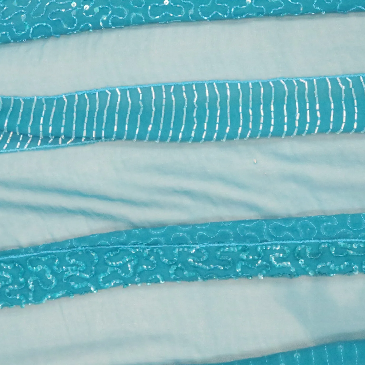 Blue Tulle with Blue Sequin and Bugle Beads Design Embroidered Fabric