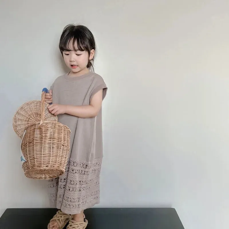 Brown Embroidered Maxi Knit Summer Dress for Girls