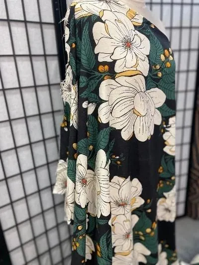 Camellia Flower Print Linen Rayon: Green / Gold