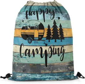 Camper Camping Drawstring Backpack,Trailer Pine Sketch Waterproof Sports Gym Bag,Farmhouse Style Barn Door Large Capacity for Travelling,Swimming,Beach,Green Teal
