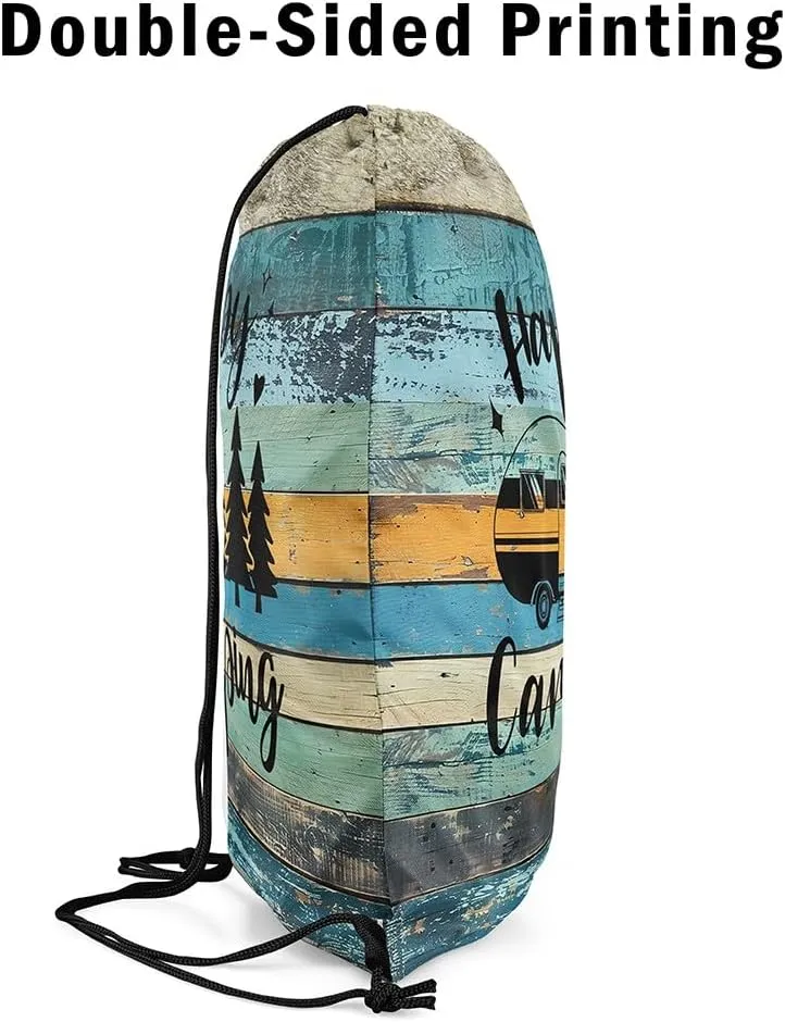 Camper Camping Drawstring Backpack,Trailer Pine Sketch Waterproof Sports Gym Bag,Farmhouse Style Barn Door Large Capacity for Travelling,Swimming,Beach,Green Teal