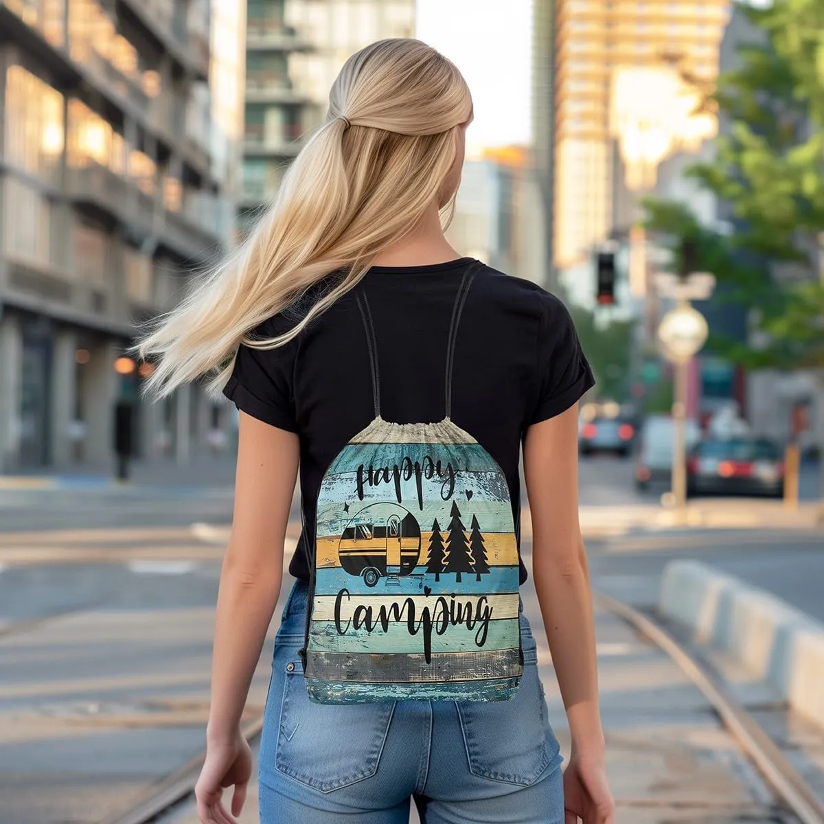 Camper Camping Drawstring Backpack,Trailer Pine Sketch Waterproof Sports Gym Bag,Farmhouse Style Barn Door Large Capacity for Travelling,Swimming,Beach,Green Teal