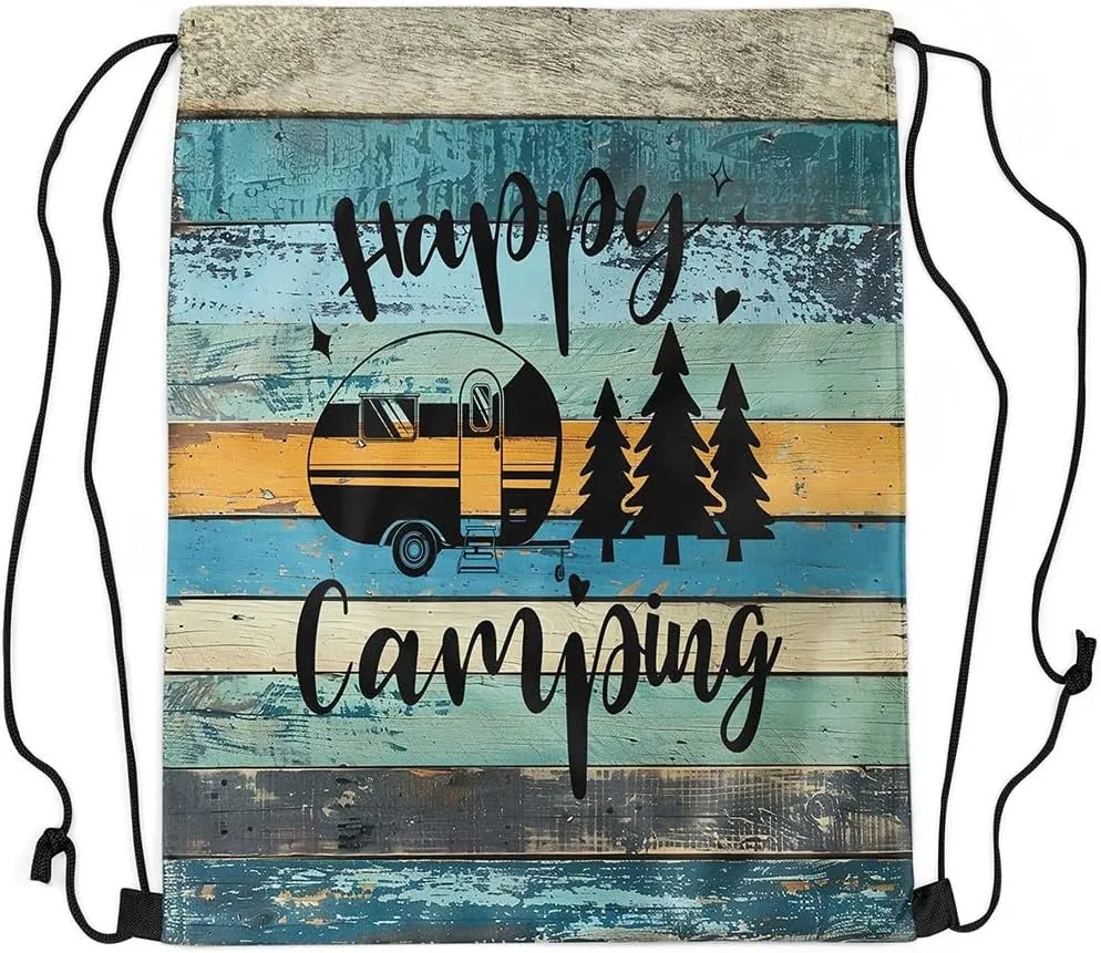 Camper Camping Drawstring Backpack,Trailer Pine Sketch Waterproof Sports Gym Bag,Farmhouse Style Barn Door Large Capacity for Travelling,Swimming,Beach,Green Teal