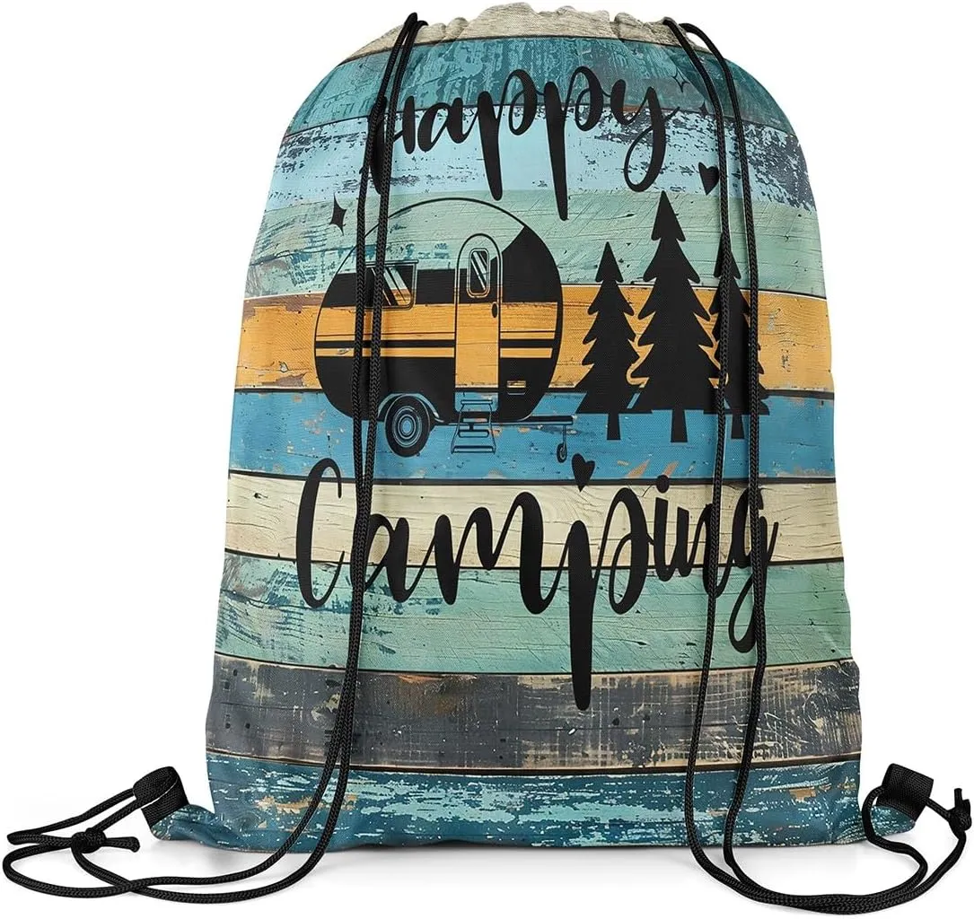 Camper Camping Drawstring Backpack,Trailer Pine Sketch Waterproof Sports Gym Bag,Farmhouse Style Barn Door Large Capacity for Travelling,Swimming,Beach,Green Teal