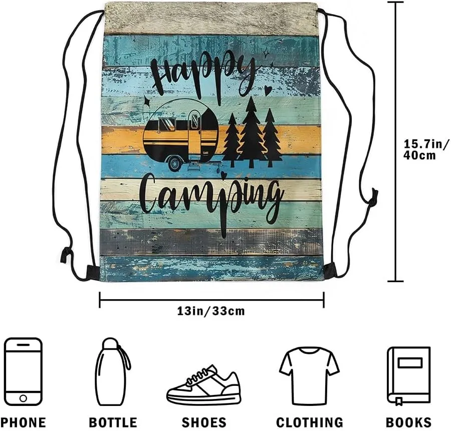 Camper Camping Drawstring Backpack,Trailer Pine Sketch Waterproof Sports Gym Bag,Farmhouse Style Barn Door Large Capacity for Travelling,Swimming,Beach,Green Teal